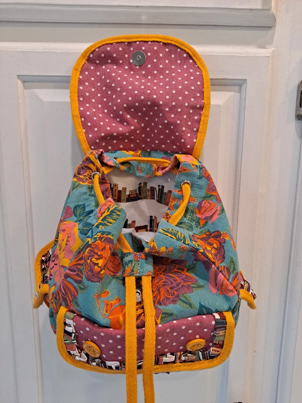 Matilda Jane Floral & Polka Dot Mini Backpack Pink Teal Yellow Book Ruffle Motif